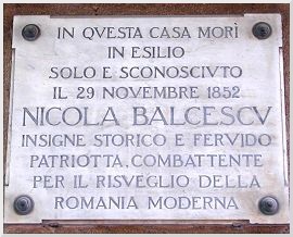 Placa dela hotelul Trinacria din Palermo unde si-a gasit sfarsitul in exil Nicolae Balcescu la 29-XI-1852