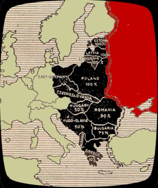 YALTA - Imp&atilde;rtirea Europei &icirc;ntre puterile aliate. In negru, statele oferite "pe tav&atilde;" Uniunii Sovietice si procentajul de influent&atilde; acordat barbarilor rosii