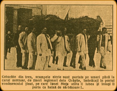 Cobor�te din tren, scumpele sicrie sunt purtate pe umeri pan� la carul mortuar, de tineri legionari dela Or�stie, imbr�cati in portul rom�nescului tinut, pe care Ionel Mota at�ta �l iubea si �nsusi �l purta ca hain� de s�rb�toare!...