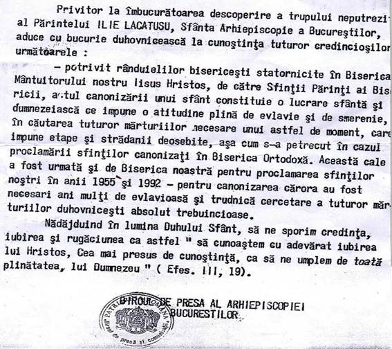 Facsimil din partea Arhiepiscopiei Bucurestiului la descoperirea trupului P�rintelui Ilie L�c�tusu